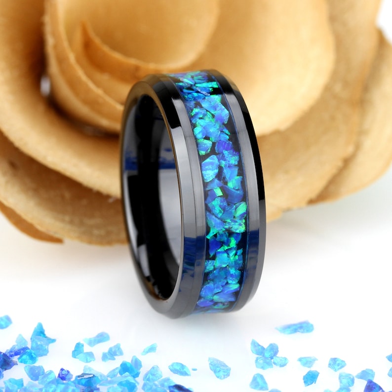 Crushed Blue Fire Opal Inlay 8mm Tungsten Wedding Band Men