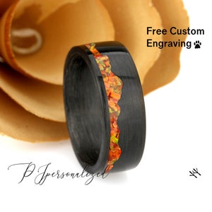 Fire Opal Wedding Band Or And Hers, Orange Fire Opal Inlay, Mountain Pattern Durable Carbon Fiber Ring, His Or Hers Wedding Ring