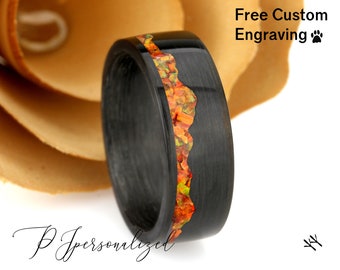 Fire Opal Wedding Band Or And Hers, Orange Fire Opal Inlay, Mountain Pattern Durable Carbon Fiber Ring, His Or Hers Wedding Ring