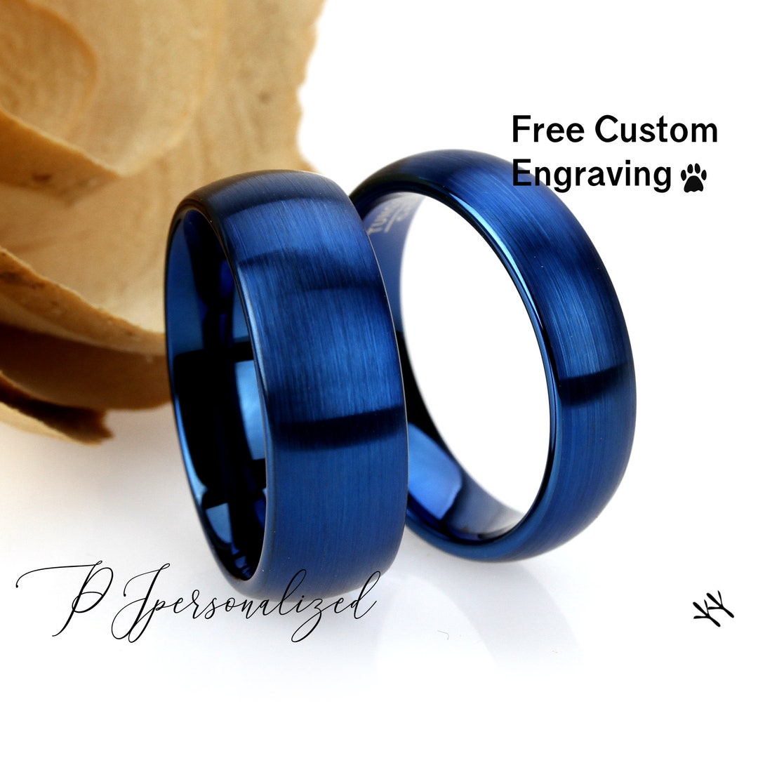 His and Hers Tungsten Wedding Band Set Blue 8mm 6mm Brushed Etsy