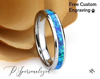 Crushed Blue Fire Opal Tungsten Wedding Band - 4mm Comfort Fit