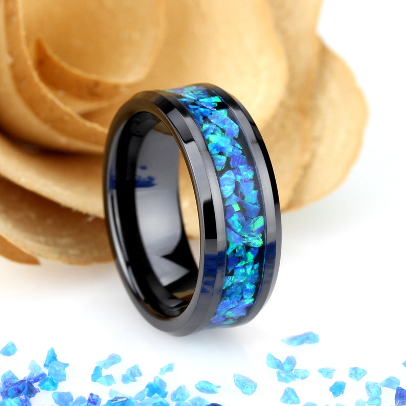 Crushed Blue Fire Opal Inlay 8mm Tungsten Wedding Band Men