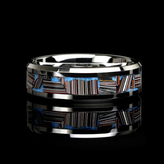 Fordite Tungsten Wedding Band: Black Ceramic Inlay Ring