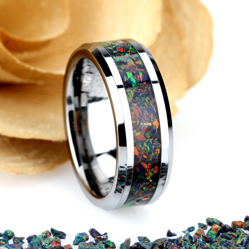 Crushed Black Fire Opal Inlay 8mm Tungsten Wedding Band