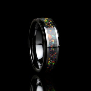 Alliance tungstène 8 mm incrustée d&#39;opale de feu noire pour homme et femme, alliance en céramique noire pour homme et femme, bague en opale de feu, cadeau promesse
