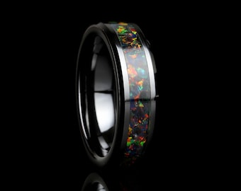 Crushed Black Fire Opal Inlay 8mm Tungsten Wedding Band Men & Women, Black Ceramic Wedding Band For Men Women, Fire Opal Ring, Promise Gift