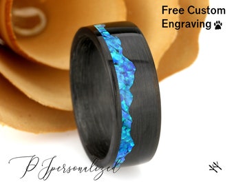 Carbon Fiber Wedding Band: Ocean Blue Fire Opal Inlay, Mountain Pattern