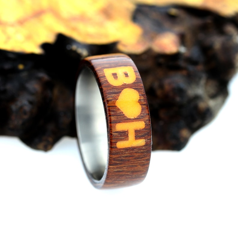 Titanium Wood Wedding Band Bent Wood Wedding Band Men Women Custom Inlay With Glow In The Dark Natural Wood Ring For Men Women