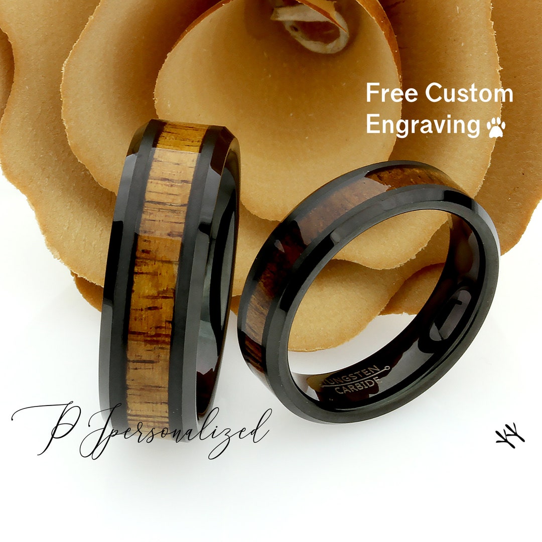 Inlay Set Rings Tungsten Wedding Band Set: Hawaiian Koa Wood Inlay, Couple's Promise ...