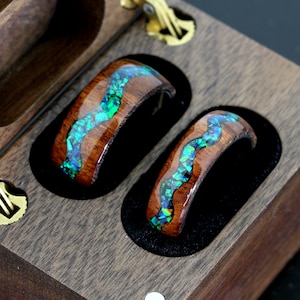 Fire Opal Wedding Band Set His And Hers, Emerald Green Opal Inlay, River Pattern Natural Solid Wood Ring, His And Hers Wedding Ring Set