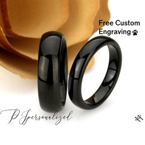 His And Hers Tungsten Wedding Band Set, Men & Women, 6mm, 4mm, Black Domed, Black Tungsten Carbide Ring, His And Hers Promise Ring Set