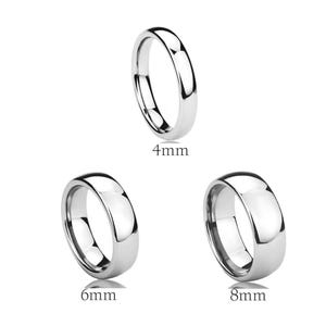 May include: Three silver-colored rings of varying widths are displayed against a white background. The rings are 4mm, 6mm, and 8mm wide, respectively. The rings have a smooth, polished surface and a rounded profile.