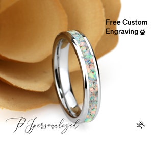 Crushed White Feueropal Inlay 4 mm Wolfram Ehering, weißer Keramik Ehering für Frauen, Feueropal Ring Versprechen Ring, Versprechen Geschenk