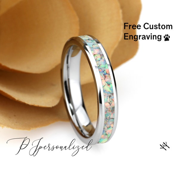 Weiße Feueropal Inlay Wolfram Eheringe - 4 mm Comfort Fit