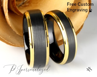 Set di fedi nuziali in tungsteno: nero opaco, anello in oro giallo, 8 mm 6 mm, set di anelli di fidanzamento, set di anelli di anniversario