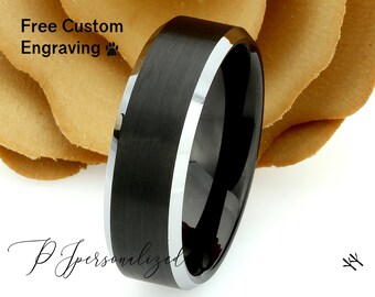 Mens Tungsten Ring, 8mm Men's Black Tungsten Wedding Band, Tungsten Black Mens Promise Ring, Black Silver Tungsten Engagement Ring Fro Men