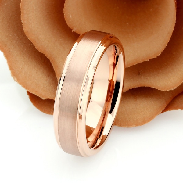 6mm Tungsten Carbide Rose Gold Plated Brushed Wedding Band – Men's Or Ladies, USA Made, No Stone