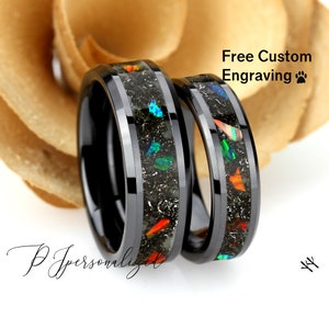 Seine und Ihre schwarze Keramik Ehering Set, Meteorit Feueropal Inlay Keramikring für Männer Frauen, 8 mm, 6 mm, Versprechen Ring für Paar