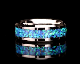 Alianza de boda de tungsteno con ópalo de fuego azul, anillo de cerámica negra con incrustaciones de ópalo triturado, anillo grabado personalizado para hombre y mujer, regalo de promesa.