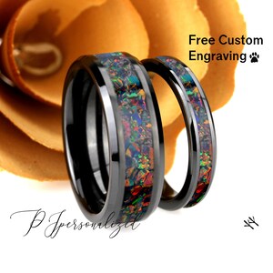 Seine und Ihre schwarze Keramik Ehering Set, schwarze Regenbogen Feueropal Inlay Keramikring für Männer Frauen, 8 mm / 4 mm, Versprechensring für Paar