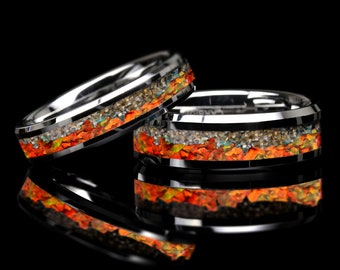 His & Hers Your Sand Orange Fire Opal Inlay Tungsten Wedding Band Set, 8mm6mm Engagement Ring W/ Your Sand, Honeymoon Gift, Anniversary Gift
