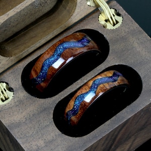 Wood Wedding Band Set His And Hers, Night Blue Sky Meteorite Rain Inlay, River Pattern Natural Solid Wood Ring, Anniversary Gift