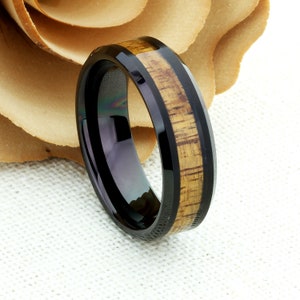 Black Tungsten Wedding Band, 6mm, 8mm, Black Koa Wood Inlay, Black Tungsten Carbide Ring, His And Hers Promise Ring Set,