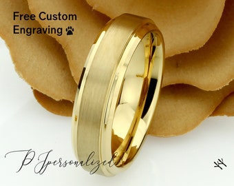 Gold Tungsten Wedding Band Men, Custom Engraving 6mm Domed Tungsten Ring Men, Tungsten Carbide Mens Promise Ring, Husband Gift