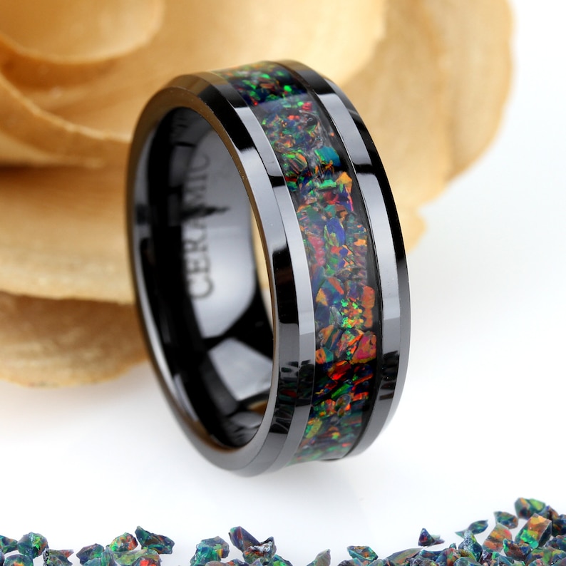 Crushed Black Fire Opal Inlay 8mm Tungsten Wedding Band