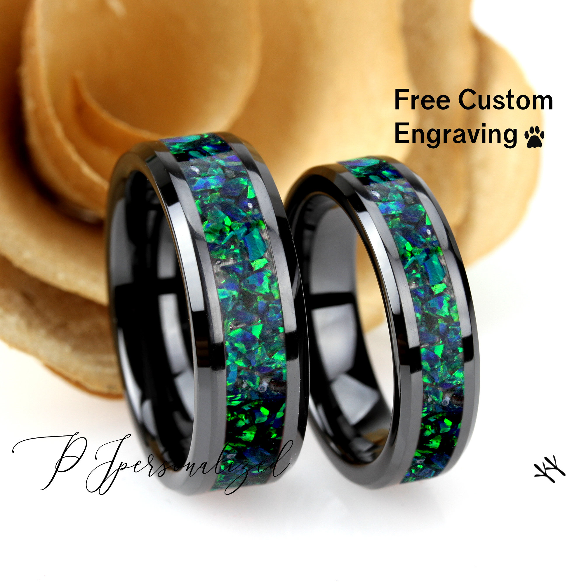 His and Hers Black Ceramic Wedding Band Set Emerald Green Etsy