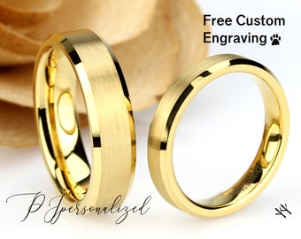 Set di fedi nuziali in oro giallo e tungsteno per lui e per lei: anelli di promessa smussati, 6 mm 4 mm, set di anelli di fidanzamento, set di anelli di anniversario