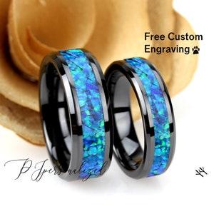 Seine und Ihre schwarze Keramik Ehering Set, blau Feueropal Inlay Keramikring für Männer Frauen, 8 mm 6 mm, Versprechen Ring für Paar