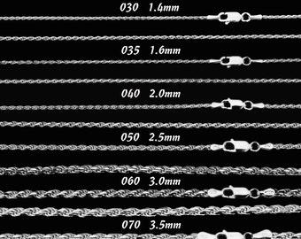 Collier de chaîne ROPE en argent sterling pour femmes, bracelet en argent, chaîne de corde en argent pour femmes, 1,4 mm ~ 3,5 mm 6 « ~ 30 » Fabriqué en Italie