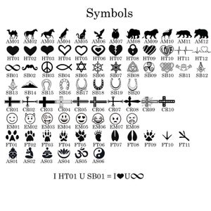 May include: A white graphic displaying an array of symbols, such as animals, hearts, crosses, and emoticons, each with a code. The word "Symbols" is at the top. The text "I HT01 U SB01 = I&hearts;U&infin;" is at the bottom.