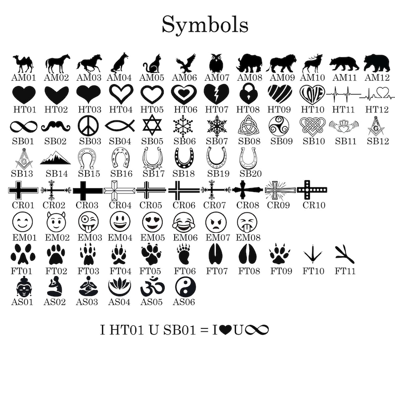 May include: A white graphic displaying an array of symbols, such as animals, hearts, crosses, and emoticons, each with a code. The word "Symbols" is at the top. The text "I HT01 U SB01 = I&hearts;U&infin;" is at the bottom.