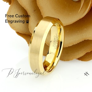 Matte Gold Tungsten Wedding Band Men, Custom Engraving 6mm Beveled Tungsten Ring Men, Tungsten Carbide Mens Promise Ring, Husband Gift