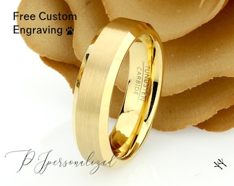 Matte Gold Tungsten Wedding Band: 6mm Beveled Ring, Custom Engraving, 6mm Engagement Ring, Anniversary Ring
