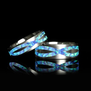 His Or Hers Blue Fire Opal Wedding Band, 8mm/6mm Ocean Blue Opal Inlay Ring, Infinity Eternity Titanium Band, Anniversary Gift Ring