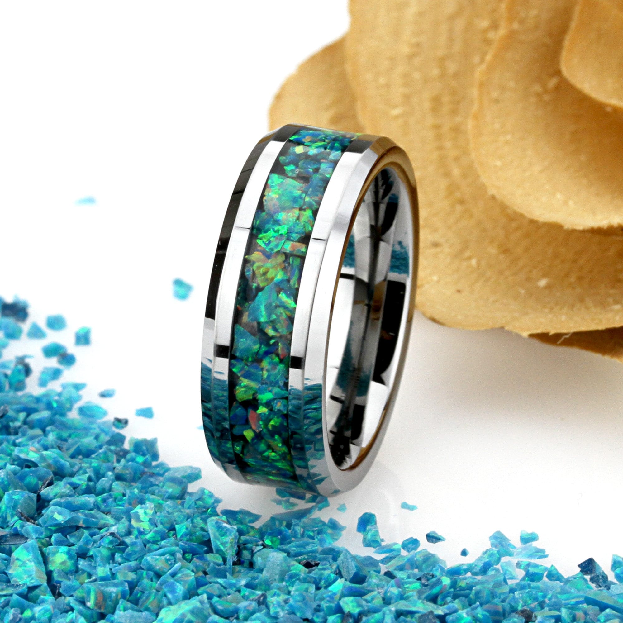 Crushed Turquoise Marine Fire Opal Inlay 8mm Tungsten Wedding Etsy