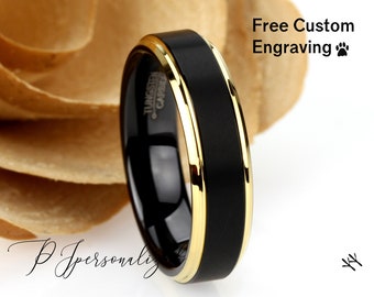Tungsten Ring, Women's Tungsten Wedding Band, Women's Black & Gold Wedding Band, Black Tungsten Ring Band, Anniversary Ring, 6mm Ring