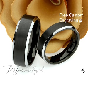 His And Hers Tungsten Wedding Band Set,Men & Women,8mm,6mm,Two Tone Matte Black Tungsten Carbide Ring, His And Hers Promise Ring Set