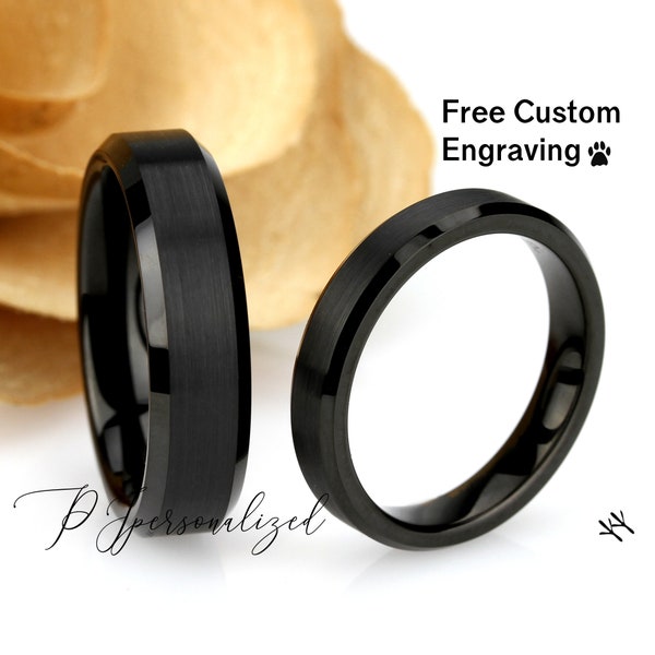 His And Hers Tungsten Wedding Band Set, Men & Women, 6mm/4mm, Matte Top, Black Tungsten Carbide Ring, Promise Ring For Couple