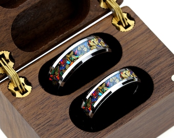 His & Hers Black Fire Opal Tungsten Wedding Band Set with Dinosaur Bone