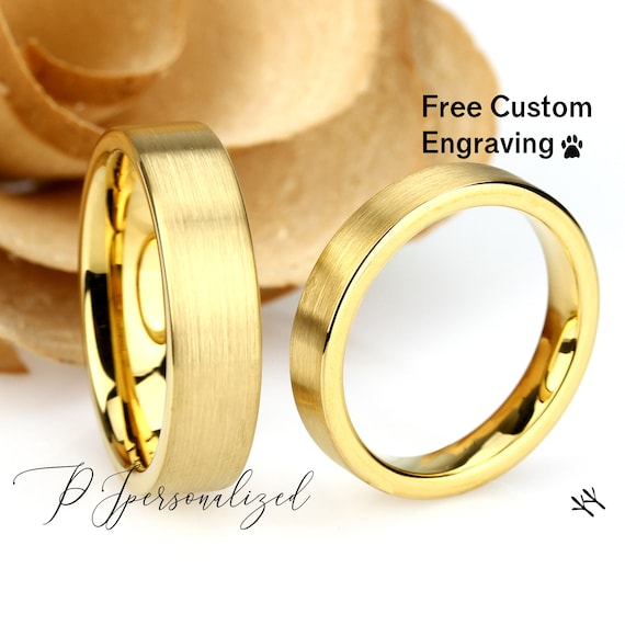 His & Hers Yellow Gold Tungsten Wedding Band Set: Personalized
