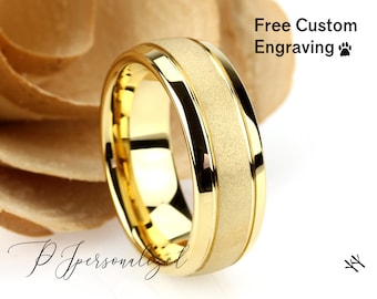 8mm Tungsten Wedding Band Men Gold, Tungsten Ring For Men Sand Brushed Center, Tungsten Promise Ring For Men, Tungsten Wedding Band Ring