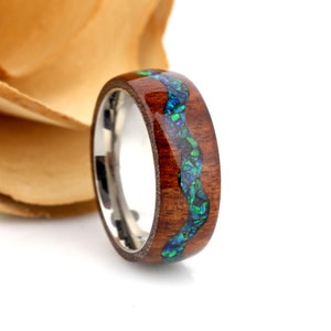 Fire Opal Wedding Band His And Hers, Emerald Green Opal Inlay 8mm 6mm, River Pattern Natural Solid Wood Ring, His And Hers Wedding Ring