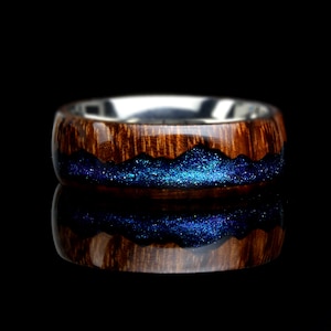 Wood Wedding Band His Or Hers, Night Blue Sky Meteorite Rain 8mm/6mm, Mountain Pattern Natural Solid Wood Ring, His And Hers Wedding Ring