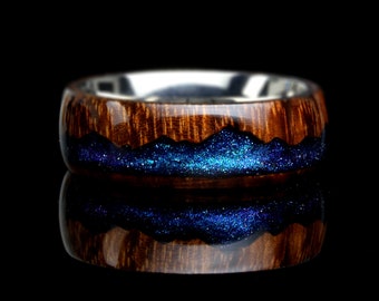 Wood Wedding Band His Or Hers, Night Blue Sky Meteorite Rain 8mm/6mm, Mountain Pattern Natural Solid Wood Ring, His And Hers Wedding Ring