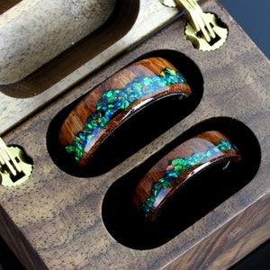 Fire Opal Wedding Band Set His And Hers, Emerald Green Opal Inlay, Mountain Pattern Natural Solid Wood Ring, His And Hers Wedding Ring Set