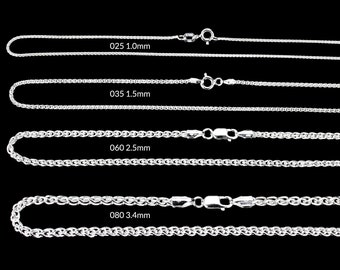 Sterling Silver Chain Necklace For Women, WHEAT, 925 Silver Chain Bracelet Necklace, 1.0mm ~ 3.4mm 16" 18" 20" 22" 24" 30" Made In Italy